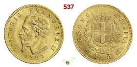 VITTORIO EMANUELE II (1861-1878) 5 Lire 1863 Torino MIR 1080a Pagani 479 Au g 1,62 mm 17 SPL