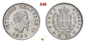 VITTORIO EMANUELE II (1861-1878) 50 Centesimi 1863 "stemma" Milano MIR 1087e Pagani 525 Ag g 2,50 mm 18 SPL÷FDC