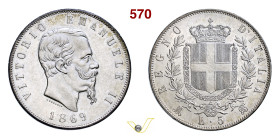 VITTORIO EMANUELE II (1861-1878) 5 Lire 1869 Milano MIR 1082h Pagani 489 Ag g 25,00 mm 37 m.SPL