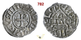 FRANCIA LUDOVICO I, il Pio (814-840) Denaro D/ HLVDOVICVS IMP; Croce con simbolo nel II quarto (o cristogramma ?) R/ PISTIANA RELIGI; Tempio Dep. 1179...