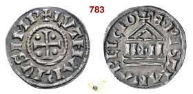 FRANCIA LOTARIO I (840-855) Denaro D/ LVTHARIVS IMP; Croce con globetti nei quarti R/ XPISTIANA RELGIO; Tempio tetrastilo con croce al centro Ag g 1,4...