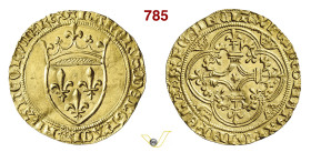 FRANCIA CARLO VI (1380-1422) Scudo d'oro alla corona, quarta emissione Montpellier D/ Stemma coronato R/ Croce con le estremità gigliate e fogliate, e...