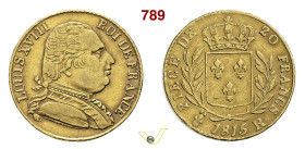 FRANCIA LUIGI XVIII (1814-1824) 20 Franchi 1815 R (Londra) Fb. 525 Gad. 1026 Varesi 339 Au g 6,40 mm 21 • Moneta coniata durante l'esilio BB
