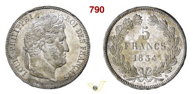 FRANCIA LUIGI FILIPPO I (1830-1848) 5 Franchi 1834 A (Parigi) Kr. 91 Gad. 678 Ag g 24,95 mm 37 q.FDC