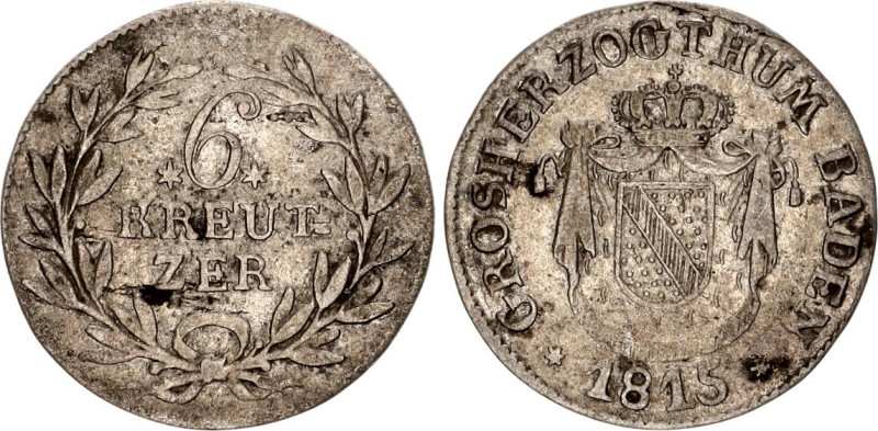 German States Baden 6 Kreuzer 1815
KM# 168, N# 49834; Silver; Karl II Ludwig Fr...