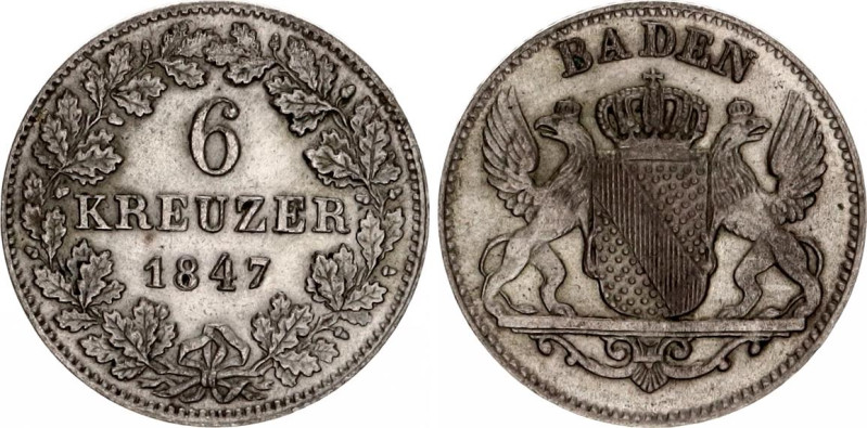 German States Baden 6 Kreuzer 1847
KM# 210, N# 4703; Silver; Leopold I; VF+.