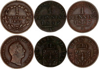 German States Baden & Prussia 1/2 Kreuzer & 2 x 1 Pfennig 1842 - 1867
KM# 213, 447 & 480; Copper; VF-XF.