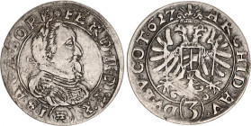German States Breslau (Silesia) 3 Kreuzer 1627 HR
N# 241879; Silver; Ferdinand II; Unusual portrait, (3) under the eagle and HR for Hans Riedel mint ...