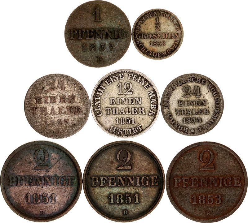 German States Hannover Lot of 8 Coins 1827 - 1854
With Silver; Various dates & ...