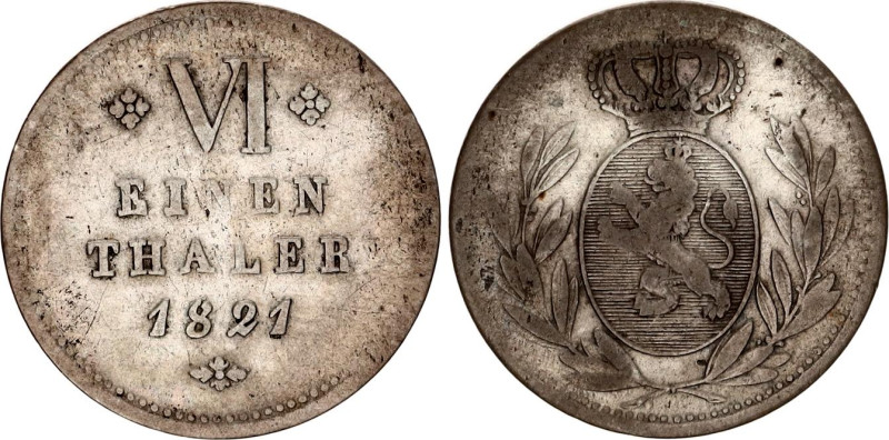 German States Hessen-Kassel 1/6 Thaler 1821
KM# 572, N# 92595; Silver; Wilhelm ...