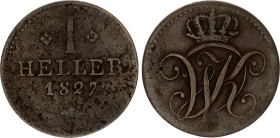 German States Hessen-Kassel 1 Heller 1827
KM# 575, N# 82357; Copper; Wilhelm II; VF.