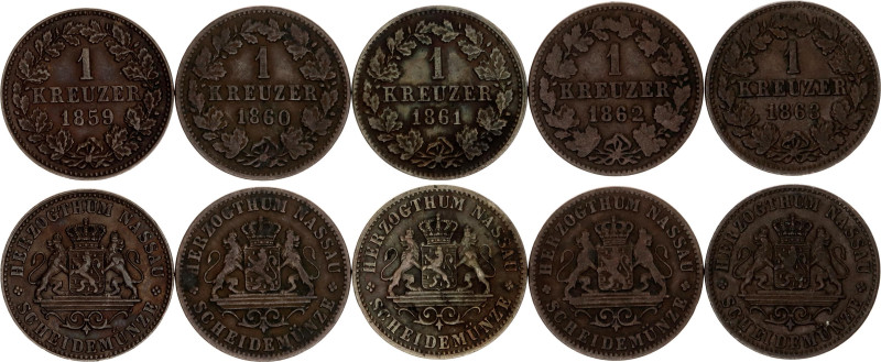 German States Nassau 5 x 1 Kreuzer 1859 - 1863
KM# 74, N# 23080; Copper; Differ...
