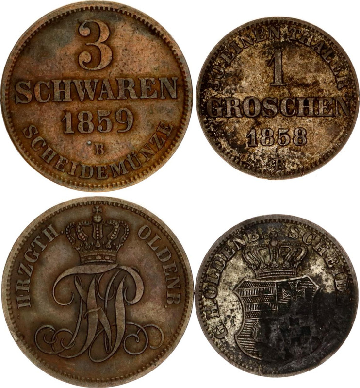 German States Oldenburg 3 Schwaren & 1 Groschen 1858 - 1859
KM# 191, 194; With ...