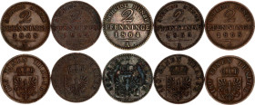 German States Prussia 5 x 2 Pfenninge 1864 - 1868
KM# 481, N# 15607; Copper; Variuos dates & mints; VF/XF.