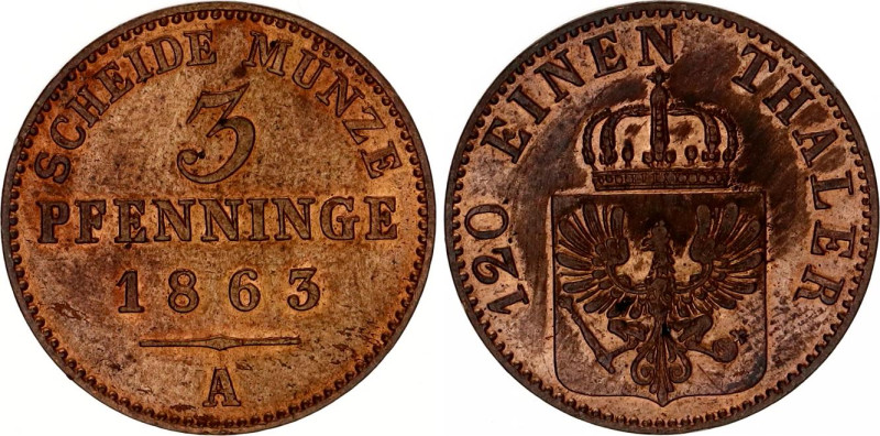 German States Prussia 3 Pfenninge 1863 A
KM# 482, N# 14248; Copper; Wilhelm I; ...