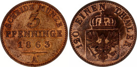 German States Prussia 3 Pfenninge 1863 A
KM# 482, N# 14248; Copper; Wilhelm I; UNC.
