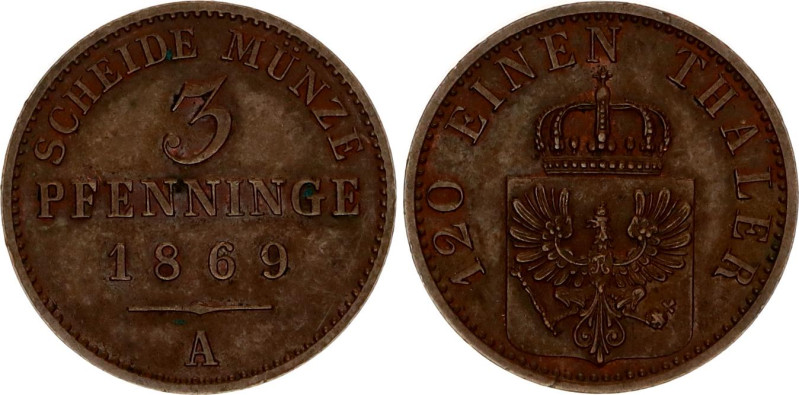 German States Prussia 3 Pfennig 1869 A
KM# 482; AKS# 106; N# 14248; Copper; Wil...
