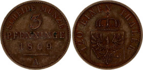 German States Prussia 3 Pfennig 1869 A
KM# 482; AKS# 106; N# 14248; Copper; Wilhelm I; Berlin Mint; AUNC.