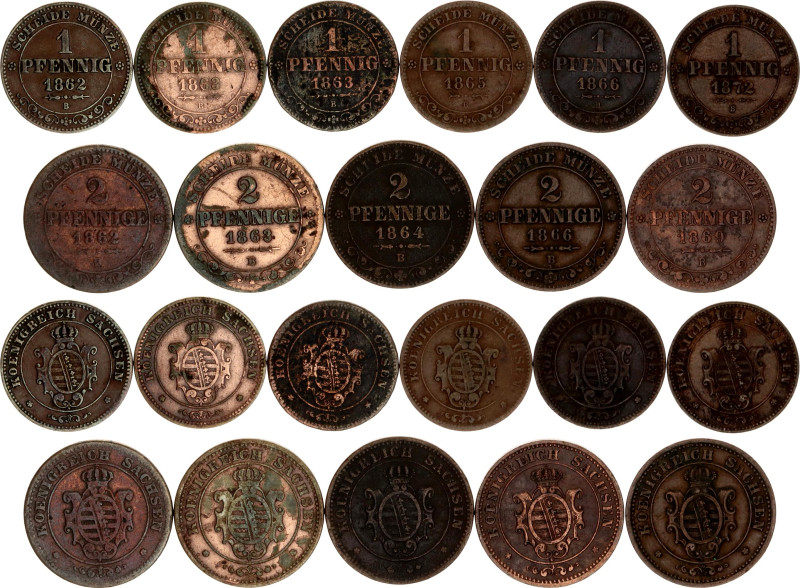 German States Saxony-Albertine Lot of 11 Coins 1862 - 1872
Copper; Johann I; VF...