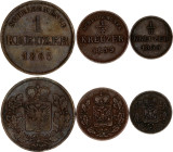 German States Schwarzburg-Rudolstadt 1/8 - 1/4 - 1 Kreuzer 1855 - 1865
KM# 161, 175, 178; Copper; Friedrich Günther; VF/XF.