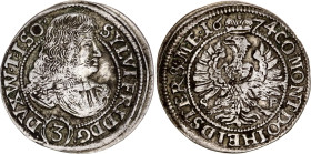 German States Württemberg-Oels (Silesia) 3 Kreuzer 1674
KM# 8, N# 92292; Silver; Sylvius Friedrich; XF-.
