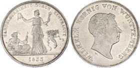 German States Württemberg 1 Taler 1833 W
KM# 570; AKS# 67; J. 56; N# 38744; Silver; Wilhelm I; Customs Union; Stuttgard Mint; XF.