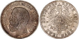 Germany - Empire Baden 2 Mark 1876 G
KM# 265, N# 15300; Silver; Friedrich I; VF.
