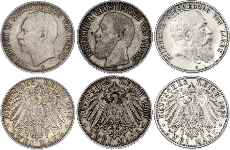 Germany - Empire Baden 3 x 2 Mark 1900 - 1913 G
KM# 269, 272 & 283; Silver; XF-...