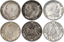 Germany - Empire Baden 3 x 2 Mark 1900 - 1913 G
KM# 269, 272 & 283; Silver; XF-AUNC.