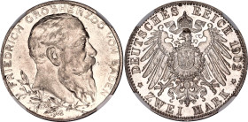 Germany - Empire Baden 2 Mark 1902 NGC AU 58
KM# 271; AKS# 157; J. 30; N# 16296; Silver; Friedrich I; 50th Anniversary of the Reign; AUNC.