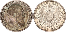 Germany - Empire Baden 2 Mark 1907 G
KM# 272, N# 20692; Silver; Friedrich I; XF+.
