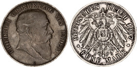 Germany - Empire Baden 5 Mark 1907 G
KM# 274, N# 21750; Silver; Friedrich I; XF.