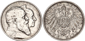 Germany - Empire Baden 2 Mark 1906 G
KM# 276, N# 11319; Silver; Friedrich I; 50th Anniversary of the Weddding of Duke Friedrich I and Louise; UNC.