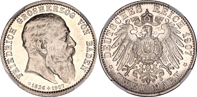 Germany - Empire Baden 2 Mark 1907 NGC MS 60
KM# 278; J. 36; N# 16297; Silver; ...
