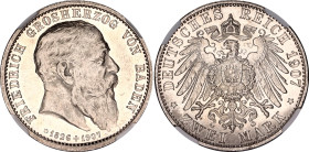 Germany - Empire Baden 2 Mark 1907 NGC MS 60
KM# 278; J. 36; N# 16297; Silver; Friedrich I; Death of Friedrich I; UNC.