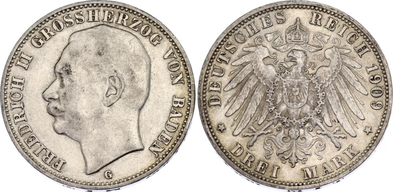 Germany - Empire Baden 3 Mark 1909 G
KM# 280; J. 39; N# 6716; Silver; Friedrich...