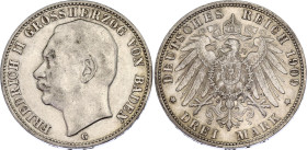Germany - Empire Baden 3 Mark 1909 G
KM# 280; J. 39; N# 6716; Silver; Friedrich II; Karlsruhe Mint; AUNC.