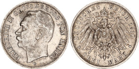 Germany - Empire Baden 3 Mark 1910 G
KM# 280, N# 6716; Silver; Friedrich II; XF.