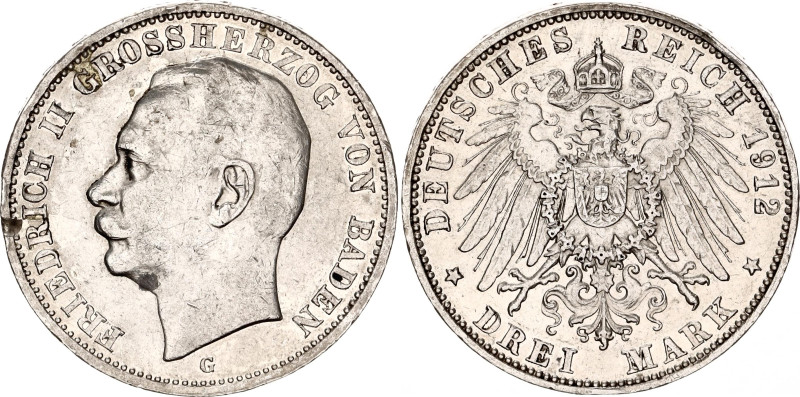 Germany - Empire Baden 3 Mark 1912 G
KM# 280, N# 6716; Silver; Friedrich II; XF...