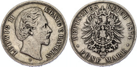 Germany - Empire Bavaria 5 Mark 1874 D
KM# 896, N# 11086; Silver; Ludwig II; VF.
