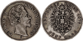 Germany - Empire Bavaria 5 Mark 1876 D
KM# 896, N# 11086; Silver; VF+/XF-.