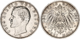 Germany - Empire Bavaria 3 Mark 1909 D
KM# 996, N# 7937; Silver; Otto; XF.