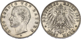 Germany - Empire Bavaria 3 Mark 1910 D
KM# 996; AKS# 202; J. 47; N# 7937; Silver; Otto; Munich Mint; XF+.