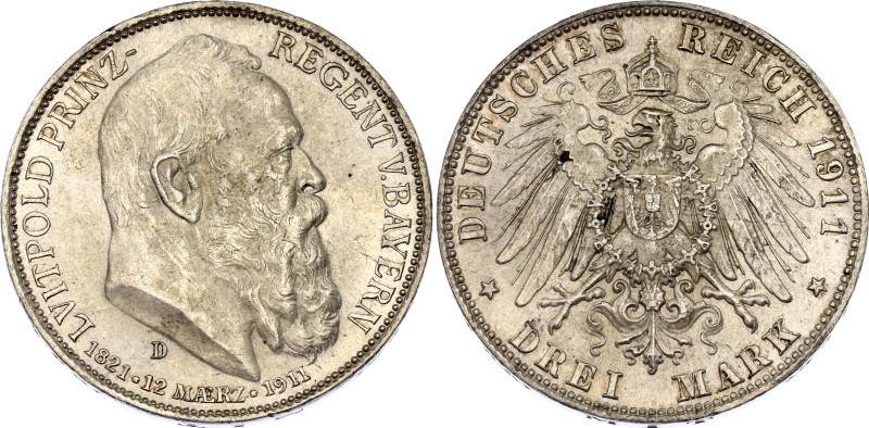 Germany - Empire Bavaria 3 Mark 1911 D
KM# 998; J. 49; N# 15935; Silver; Otto; ...