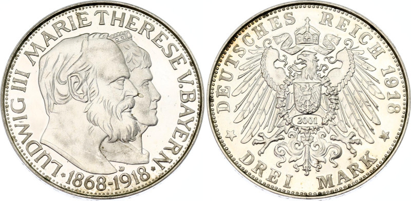 Germany - Empire Bavaria 3 Mark 1918 D (2001) Restrike
KM# 1010, N# 70107; Silv...