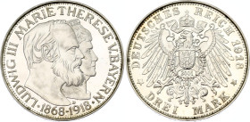 Germany - Empire Bavaria 3 Mark 1918 D (2001) Restrike
KM# 1010, N# 70107; Silver, Proof; Ludwig III; Golden Wedding Anniversary; UNC, with Hairlines...