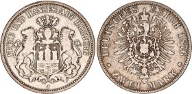 Germany - Empire Hamburg 2 Mark 1876 J
KM# 604, N# 20429; Silver; Free Hanseatic city of Hamburg; VF.