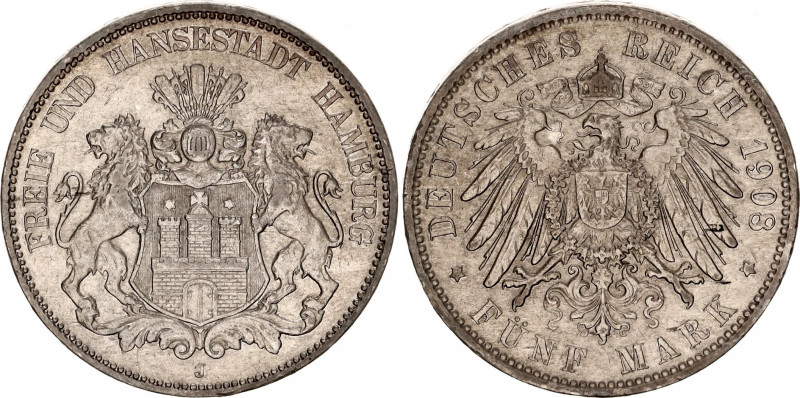 Germany - Empire Hamburg 5 Mark 1908 J
KM# 610, N# 20427; Silver; Free Hanseati...