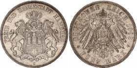Germany - Empire Hamburg 5 Mark 1908 J
KM# 610, N# 20427; Silver; Free Hanseatic city of Hamburg; XF-.