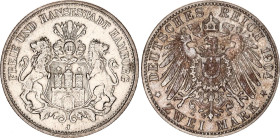 Germany - Empire Hamburg 2 Mark 1904 J
KM# 612, N# 18676; Silver; Free Hanseatic city of Hamburg; VF+.